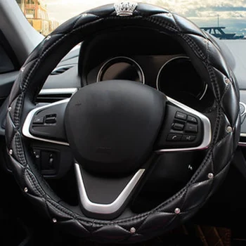 

Universal Steering Wheel Cover Leather Queen's Bling Diamond with Rivets Four Seasons car handlebar Covers For Women