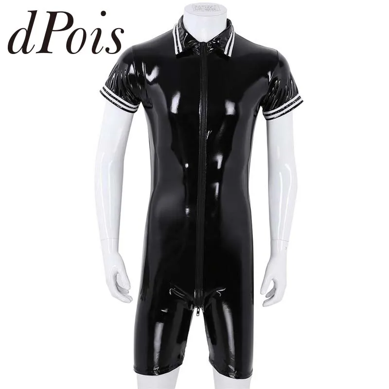 

Mens One-piece Wet Look Patent Leather Short Sleeve Front Zipper Boxer Briefs Leotard Bodysuit Underwear Evening Party Clubwear