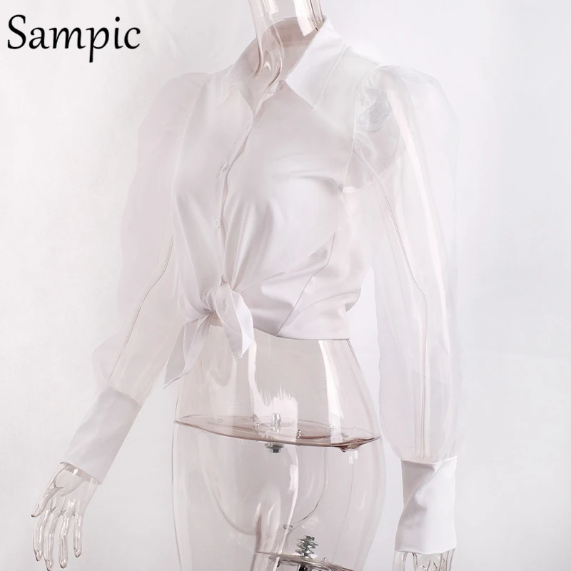 Sampic повседневные белые пышные с длинным рукавом прозрачные сетчатые Женские топы и блузки свободные элегантные отложной воротник блузка рубашка осень