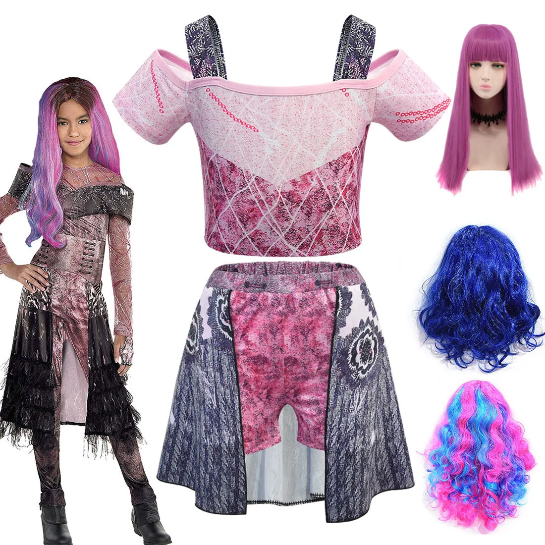 

Summer Hot Audrey Costumes descendants 3 Mal Cosplay girl Clothing children's girls swimwear suit word shoulder swimsuit and wig