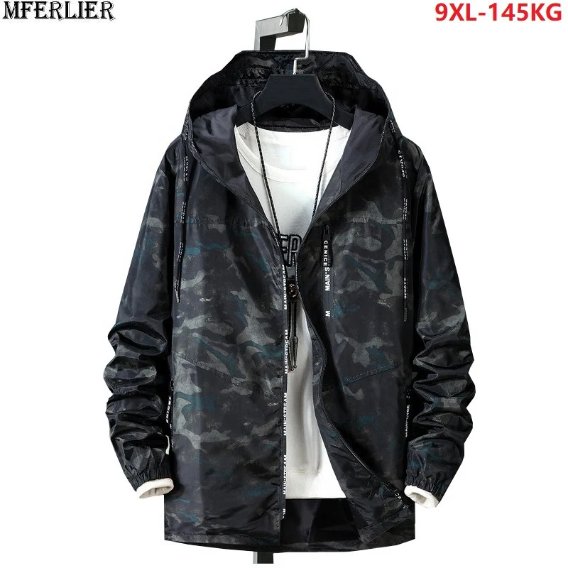 

autumn men out door Camouflage jacket hooded zipper pockets plus size big 7XL 8XL 9XL man letter jacket fashion loose coat black
