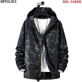 

autumn men out door Camouflage jacket hooded zipper pockets plus size big 7XL 8XL 9XL man letter jacket fashion loose coat black