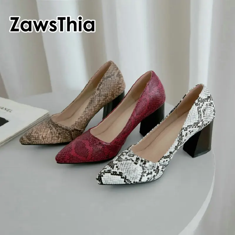 

ZawsThia 2020 new woman's shoes snakeskin print pointed toe office career pumps block chunky high heels women stilettos size 44