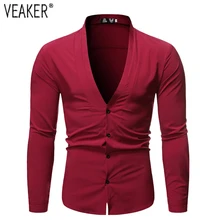 Новая мужская сексуальная рубашка с глубоким v-образным вырезом Мужская однотонная приталенная рубашка с длинными рукавами мужские вечерние деловые рубашки для ночного клуба Топы S-2XL