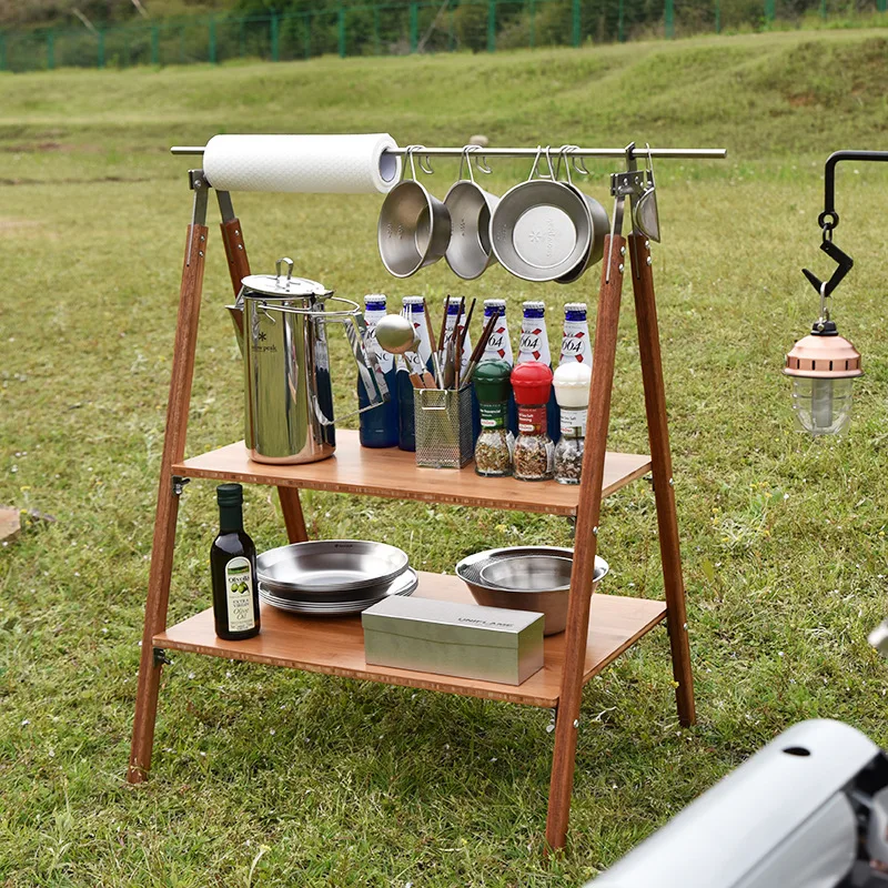 

Outdoor 2 Layer Storage Portable Foldable multi-layer Shelf Camping Picnic Folding Table Hiking Picnic Bamboo Tool Rack