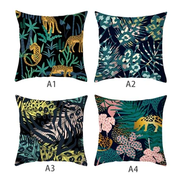 

Tropical Plants Palm Leaf Green Leaves Cushion Covers Hibiscus Flower Cushion Cover Decorative Beige Linen Pillow Case