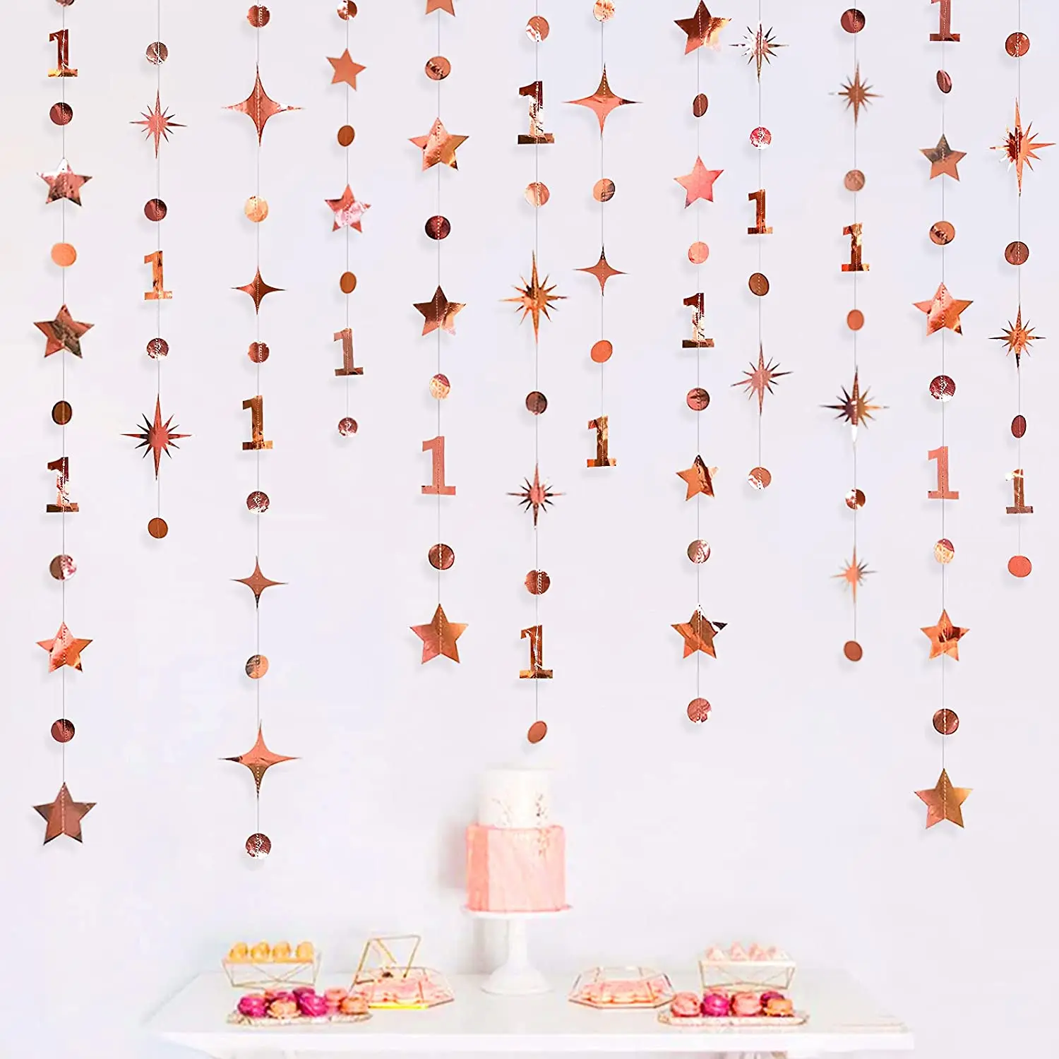 Rose Gold Happy Birthday Garlands Decorations Paper Circle Dots Star Hanging Streamer for 1st 16th 21st 30th 50th 70th Birthday