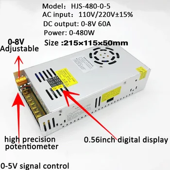 

Double Digital Display 0-5V 60A 480W 0-8V Adjustable Switching Power Supply HJS-480-0-5 DC voltage regulator Transformer