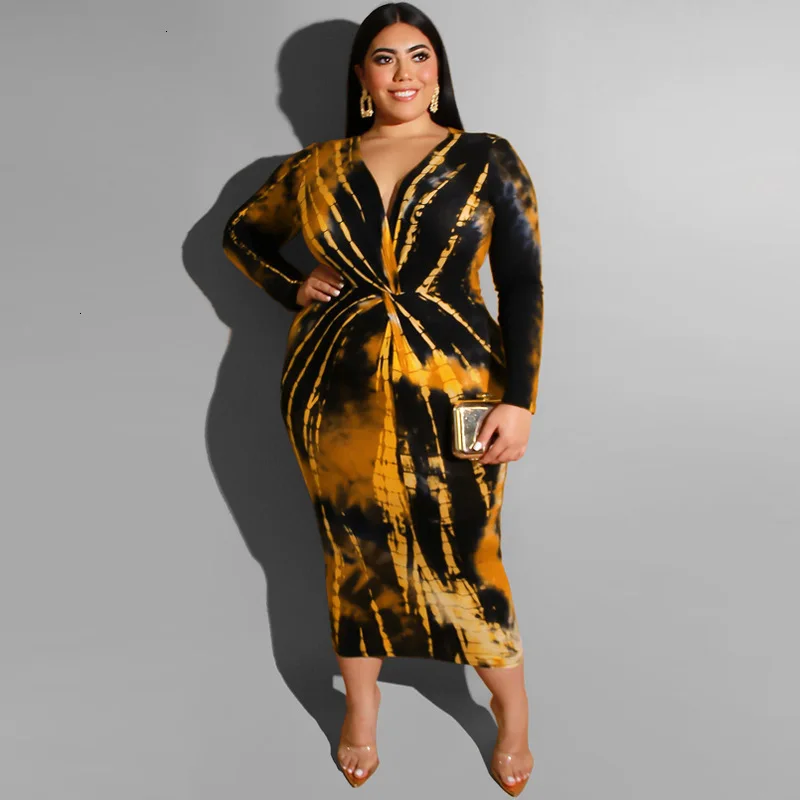 Plus Size 4xl 5xl Tie Dye Printed Dress Women Sexy V-neck Long Sleeve Bodycon Dresses Ladies Vintage Wrap Pencil Vestidos Winter