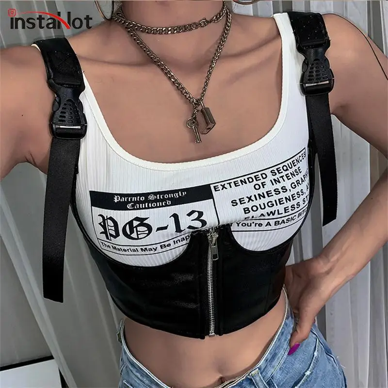 

InstaHot Buckle PU Leather Camis and Letter Print Tanks Top Sexy Cropped Women Zip Up Vest Party Club Streetwear Top Tee Summer