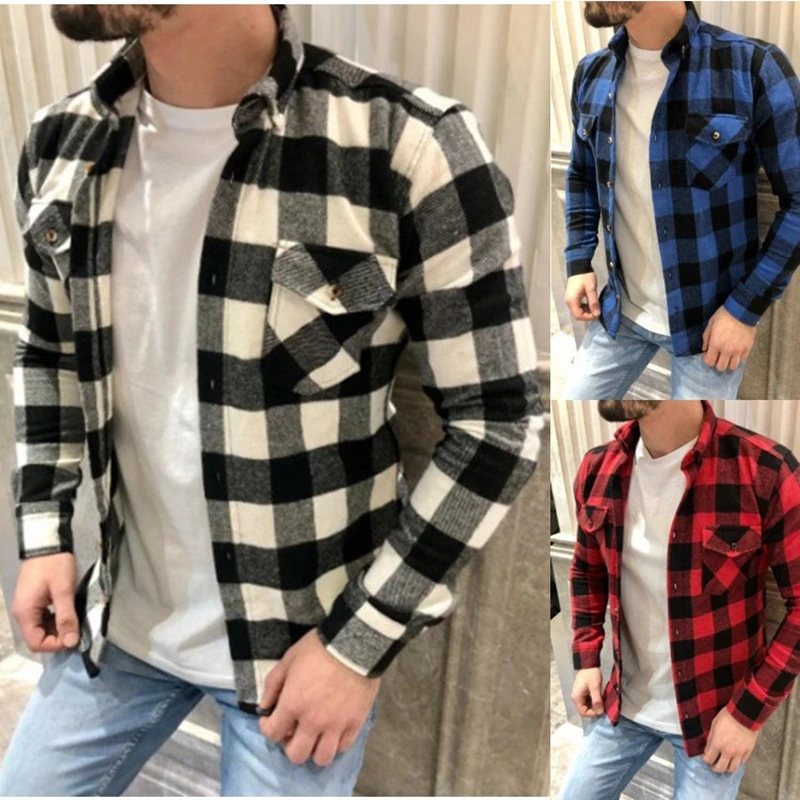 Camisas a cuadros informales de manga larga para hombre, camisas de franela con bolsillo el pecho, diseño de botones estampados a la moda, primavera 2022|Camisas informales| - AliExpress