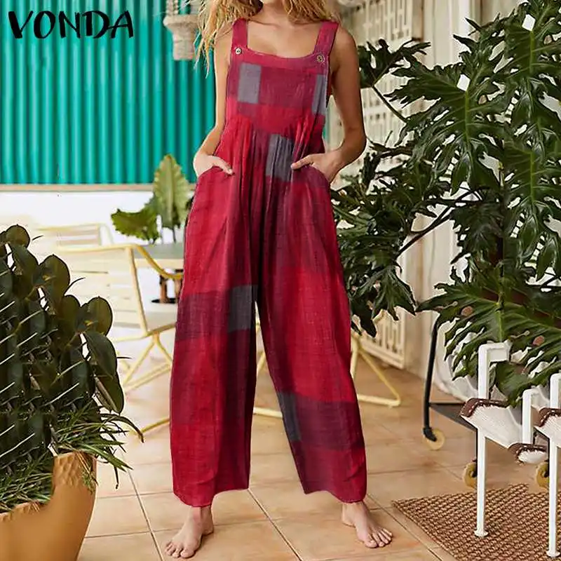 Trousers Suspenders Summer Jumpsuit Playsuits 5xl VONDA Rompers Long-Pants Overalls Women