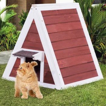

High Quality Fir Wood Weatherproof Wooden Cat House Furniture Shelter with Eave Block Rain Eaves Flat Bottom Outdoor Use House