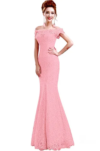 Misshow вечернее платье элегантный длинный фасон Русалка, красное, кружевное вечернее платье с открытыми плечами бисером robe de soiree - Цвет: Pink