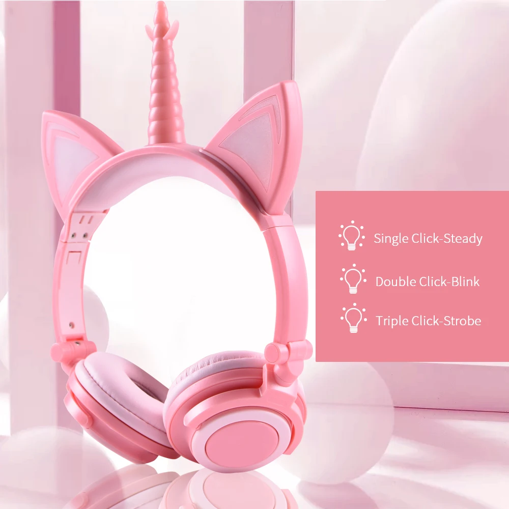 Eson Style Foldable Unicorn Wired Kids Girl Cat Ear LED Glowing Gaming Headset Headphones Noise Cancelling Jack 3 5mm Mic