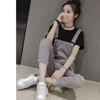 

2019 New Slim Strap High Waist Denim Overalls Straight Women Solid Pockets Loose Rompers Casual Jumpsuit
