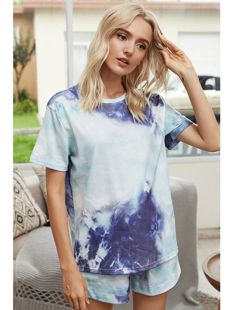 

Casual Two Piece Set Tie-Dye Women Suits T-shirt Shorts Set Short Sleeve Boxer Shorts Suit Home Casual Wear Two-piece Female New