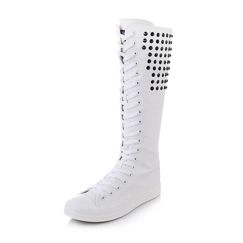New Spring Autumn Women Shoes Canvas Punk Casual High Top Shoes Long Boots Lace-Up Zipper Comfortable Flat Boots Sneakers