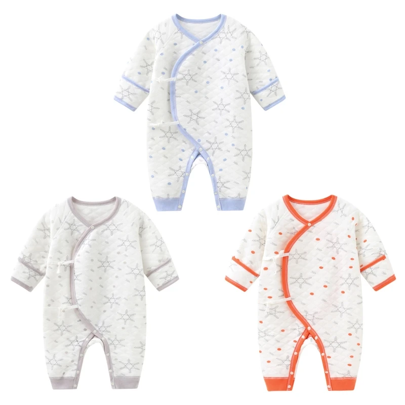 

Newborn Baby Fashion Printing Long Sleeves Contrast Color Jumpsuit Diagonal Lace-up Autumn Winter Warm Toddler Romper