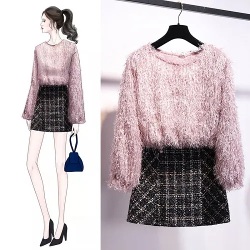 

Tassel Knit Lantern Sleeve Fashion O-Neck Sweet Sweaters Tops+Plaid High Wait Mini Skirts Women Autumn Winter 2 Pieces Suits