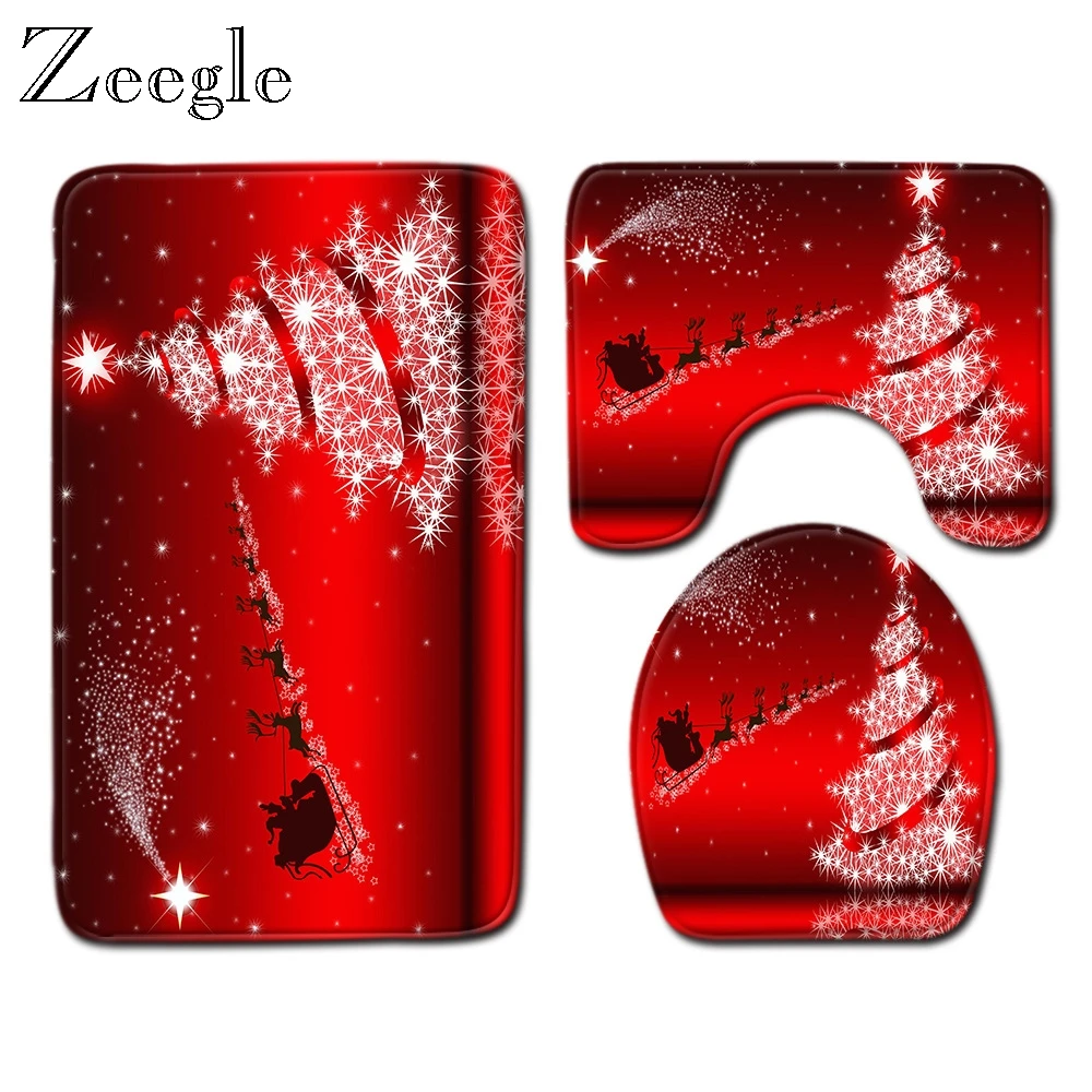 Zeegle Christmas Bathroom Mat Flannel Anti Slip Bath Rug Home Decor Bathroom Product Pedestal Rug Lid Toilet Cover Washable Rug