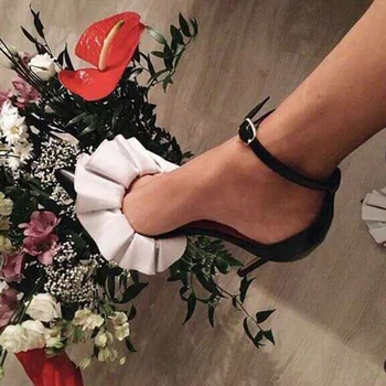 

Sandals Women New Fashion Black White Ruffled Pointed Toe High Heels Female Stiletto Sandals Buckle Strap Women Sweet Style