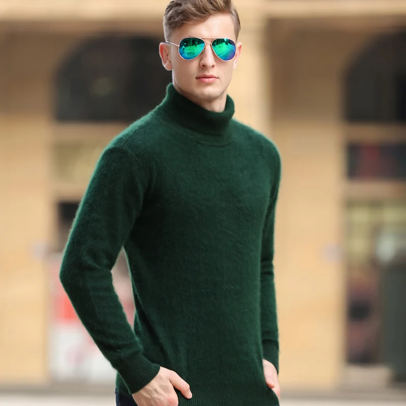 Dark green Зимние новые кашемировые свитера мужские свитер с высоким воротником сплошной цвет свитер короткий пункт пуловер рубашка с длинным рукавом свободный - Цвет: Dark green