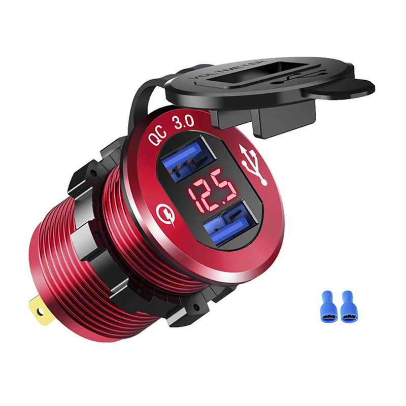 Quick Charge 3.0 Dual USB Car Charger Fast Socket Aluminium Power Outlet with LED Voltmeter for 12V 24V Boat Marine | Автомобили и