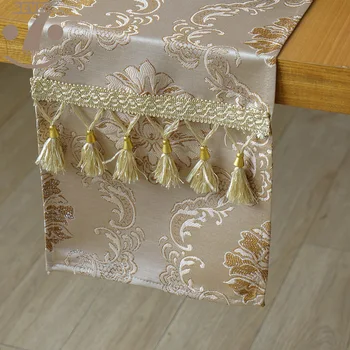 

Home Decorative Dining Banquet Birthday Festival Party Table Runner Gold Line Polyester Jacquard Cloth With Bell Tessles