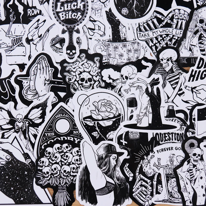 50PCS Black White Gothic Style Horror Skeleton Graffiti Stickers DIY Laptop Luggage Guitar Skateboard Car Decal Kids Toy 50PCS Black White Gothic Style Horror Skeleton Graffiti Stickers DIY Laptop Luggage Guitar Skateboard Car Decal Kids Toy