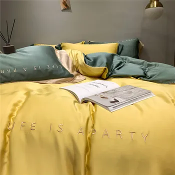 

High-End 60 Solid Color Tencel Four-piece Set Bare Sleeping Double-Sided Viscose Lettered Embroidered Quilt Simple Bedding Artic