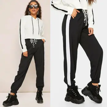 

Casual Women Ladies Long Trousers Side Stripe High Waist Drawstring Elastic Long Trousers Loose Pocket Trousers