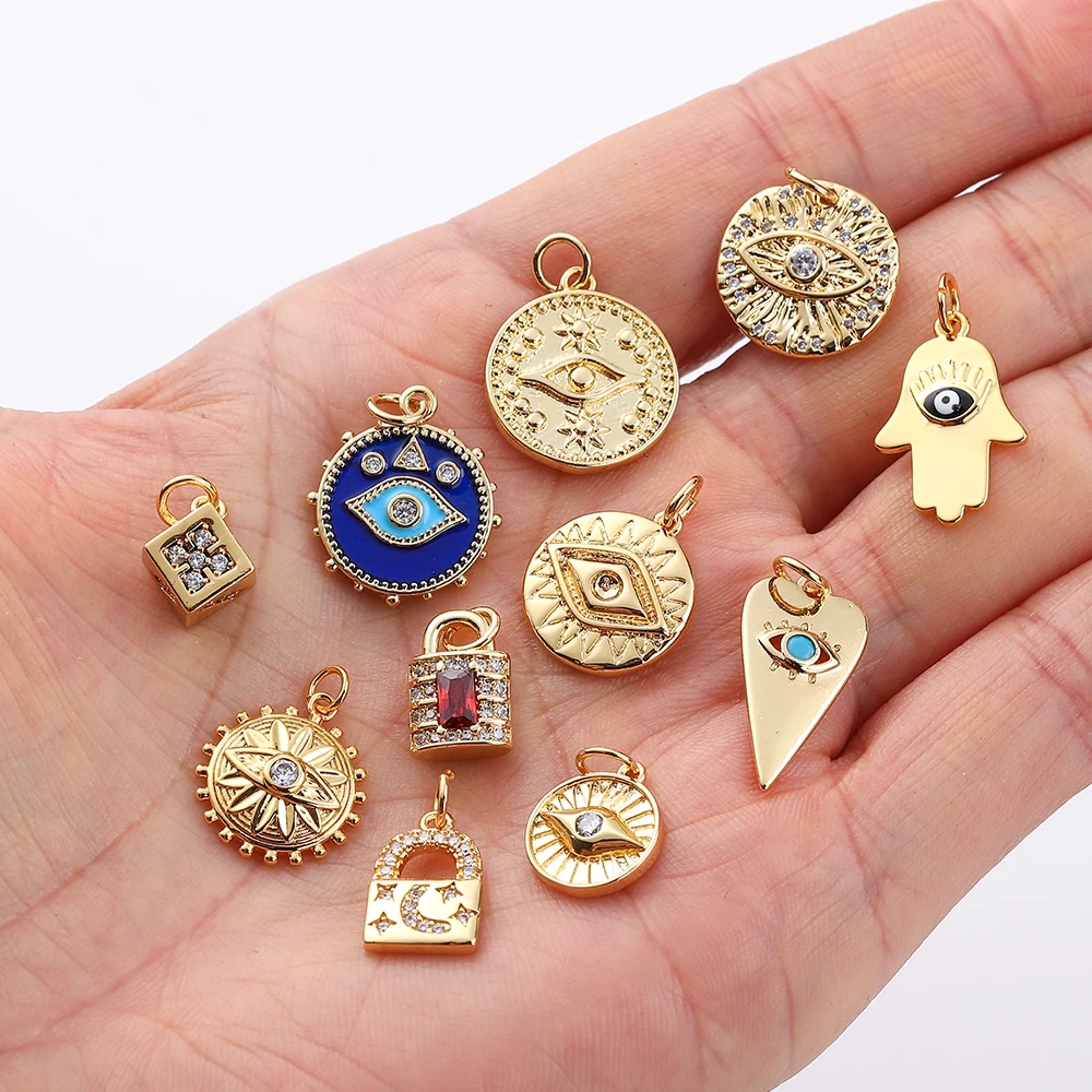 Turkish Evil Blue Eye Amulet Charms for Jewelry Making Supplies Gold Lock Charm Diy Pendant Designer Coin Necklace Bracelet CZ