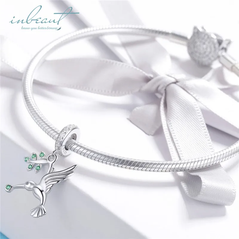 

S925 Sterling Silver fit Pandora Bracelet Green Zircon Tree Bird Charms Original Design 925 Flying Birds Pendant Beads for DIY