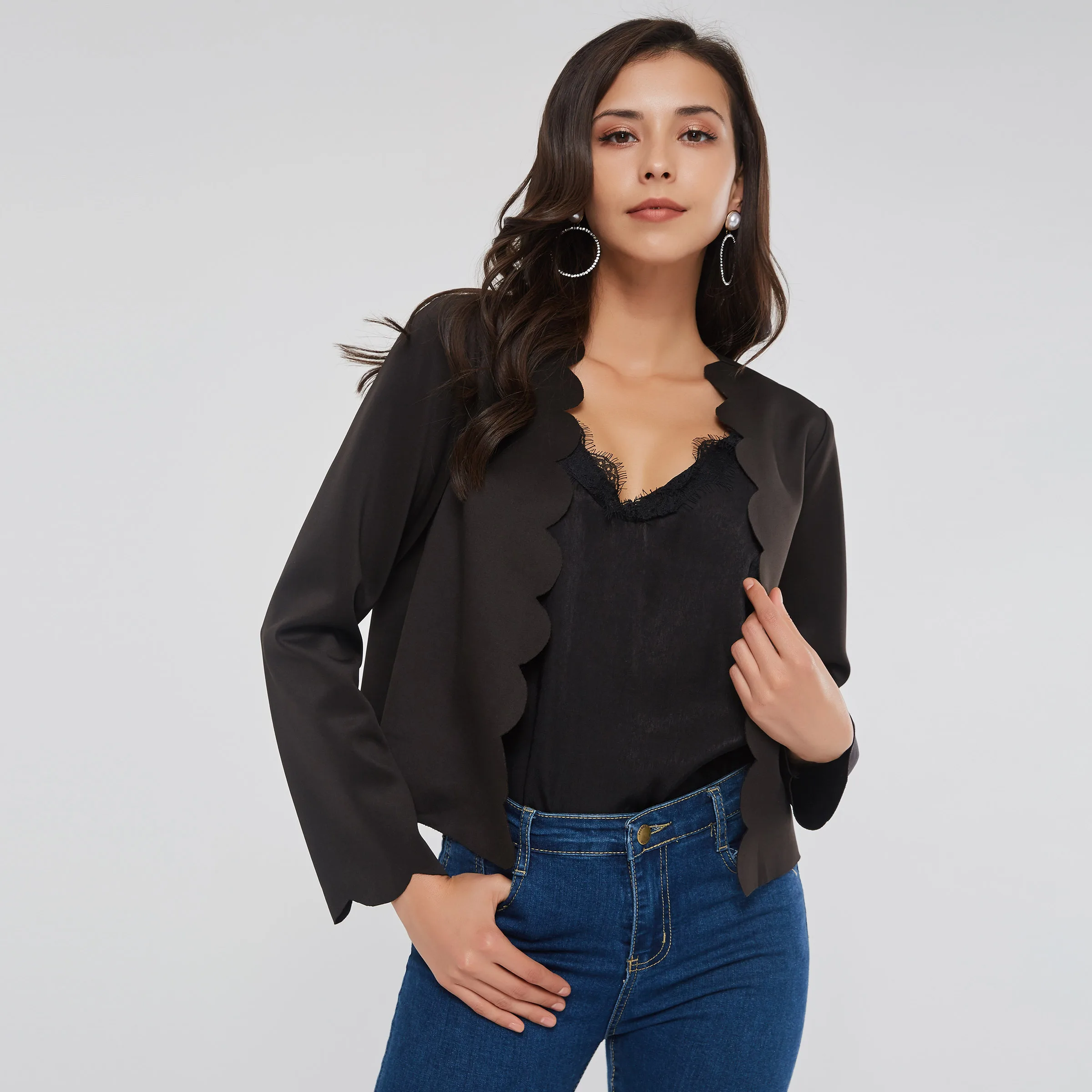 

Jacket Women Cardigan Elastic Solid Elegant Simple Black Streetwear Autumn Goth Casual Outerwear Stylish Sexy Crop Top Base Coat
