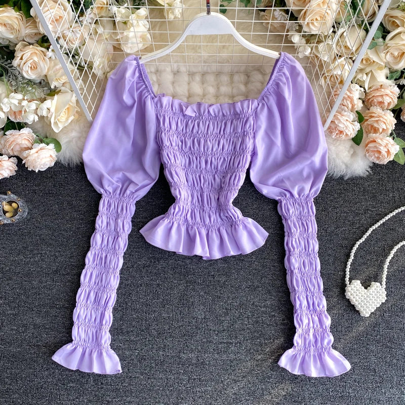 [EWQ] 2020 Autumn New Ladies casual Fashion Tops Chic Purple Lantern Sleeves Pleated Slim Short Wild Shirt Women QB943 |