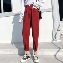 Женские джинсы с высокой талией, большие размеры, дамские джинсовые штаны-шаровары, повседневные винтажные женские красные штаны