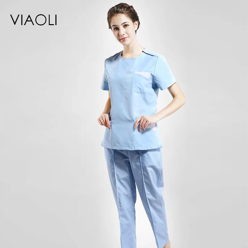 Viaoli Women and Men Medical Apparel Short Sleeves Medical Services Uniforms Nurses Costume Protection Lab Coats pocket