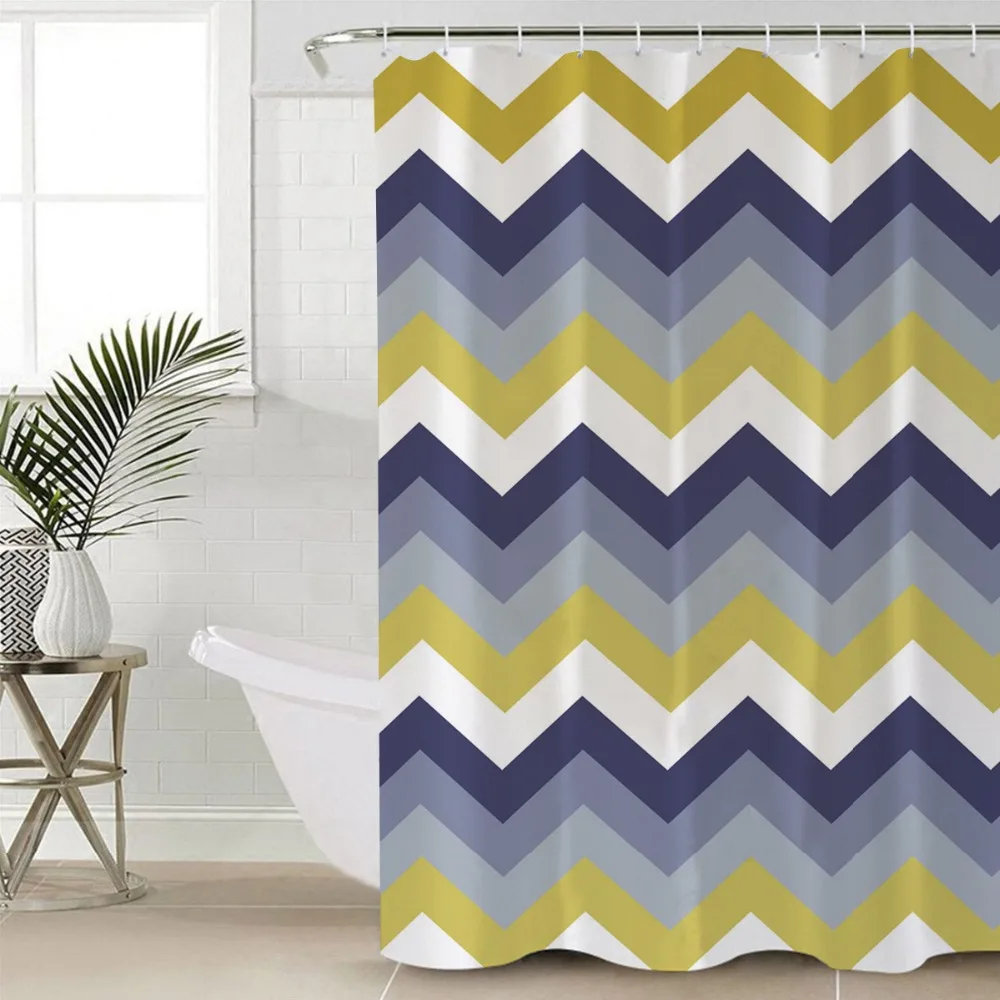 Bohemian Striped Waves Striped Pattern with Gold Glitter Polyester Fabric Bathroom Shower Curtain Set with Hooks