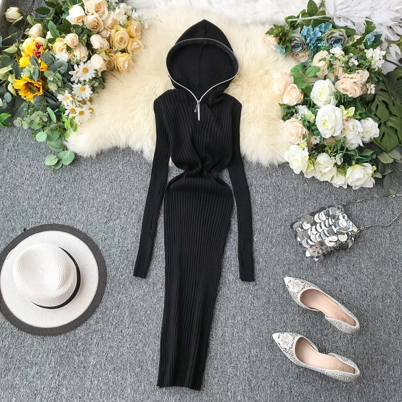 Черный ALPHALMODA платья для французских миноритарных осень зима дизайн с капюшоном на молнии чистый цвет пуловер облегающее шикарное вязаное платье-туника - Цвет: Черный