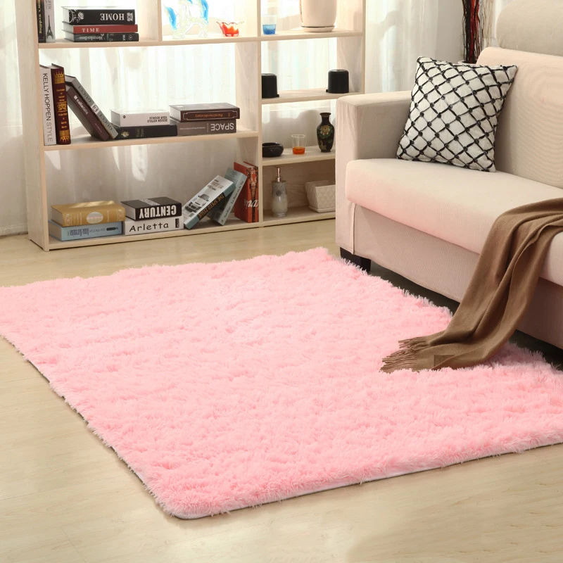 New 16 Color washed silk hair non-slip carpet living room coffee table blanket Bedroom bedside mat yoga rugs solid color plush - Color: Pink