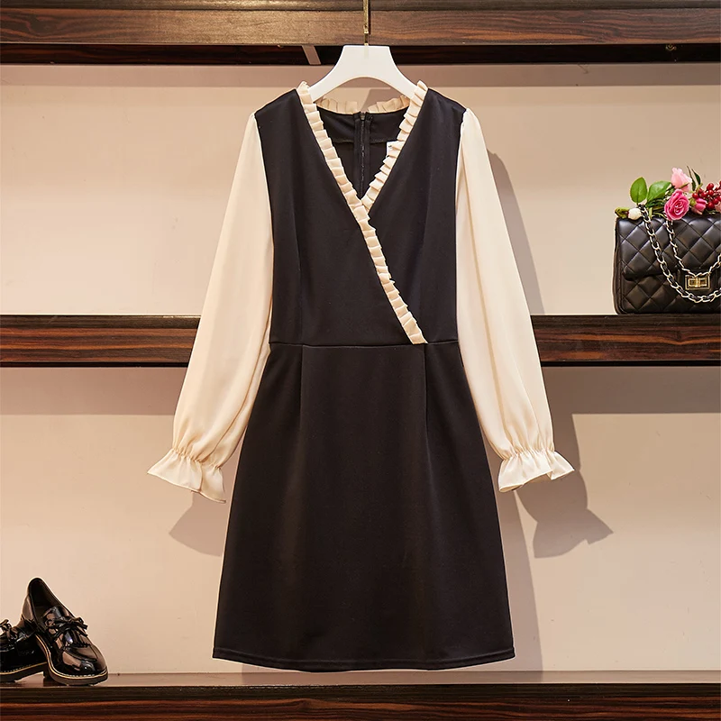 

L- 3XL Plus size 2019 Autumn Women Ruffles V Neck Patchwork Long Sleeves A Line Dress Female Dresses Oversize N303