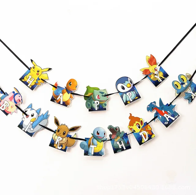 Pokemon Birthday Party Tool Props Straw Banner Baby Shower Party Supplies Wedding Balloon Decoration Pikachu Topper Boy Surprise Letter pull flag