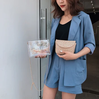 

Women Straw+PVC Clear Bags Messenger Shoulder Crossbody Chain Elegant Crossbody Shoulder Bag Chains Woven Handbag