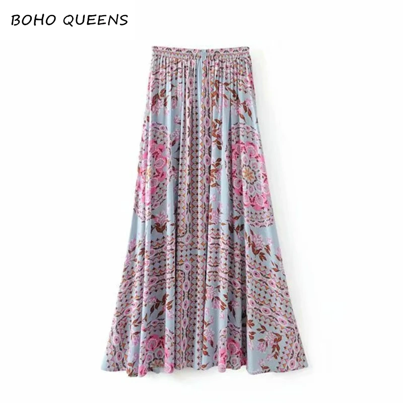 Boho chic women summer Hippie beach skirt Mesh stitching cute floral printed Bohemian long maxi skirt female oversize