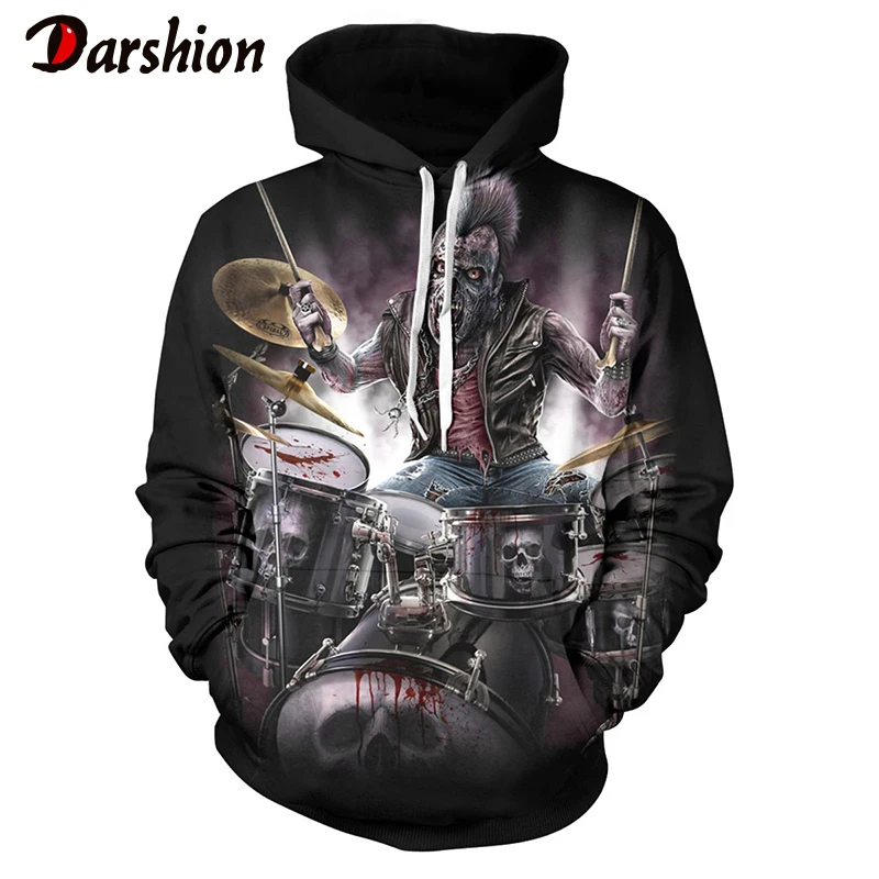 

Fashion Men Hooded 3D Skull Printed Hoodies Men Polluver Punk Style Hip Hop Rock Sweatshirt Gothic Horror Long Sleeve Sweatshirt