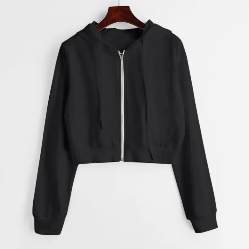 Hoodies Women Autumn 2019 Solid Zipper Hooded Harajuku Streetwear Crop Top Hoodie Hoodies And Sweatshirts Women Pullovers