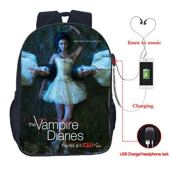 

16 Inch The Vampire Diaries USB Charge Backpack Double Pocket School Bag Boys Girls bac to school Daily Knapsack Travel Rucksack
