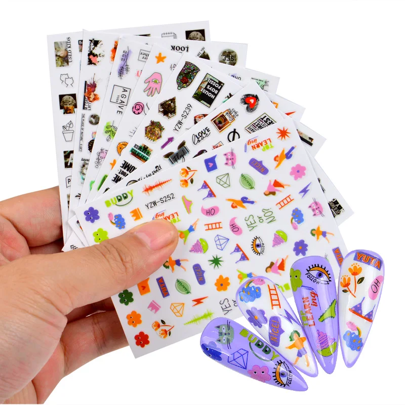 1 Foglio 3D Simpatico Cartone Animato Adesivo Per Unghie Adesivo Anime Diamante Occhi Gatto Fiori Adesivo Per Trasferimento Unghie Decalcomanie Decora