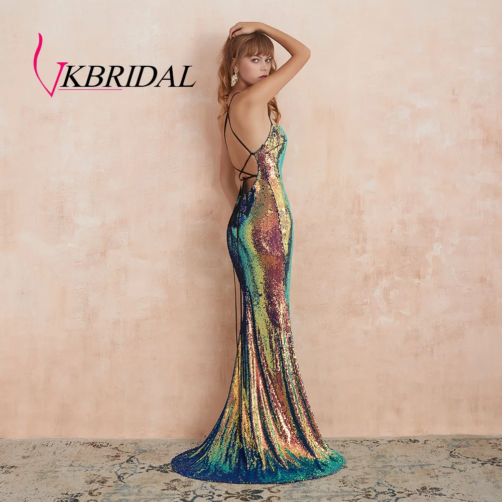 VKBRIDAL, сексуальные многоцветные платья с блестками для выпускного вечера,, Холтер, длинное, с открытой спиной, Русалка, вечерние платья с лямками на спине